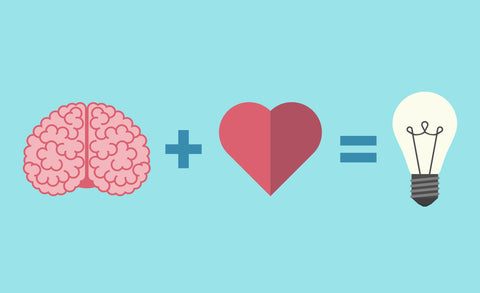 Brain plus heart equal idea graphic on a light blue background.