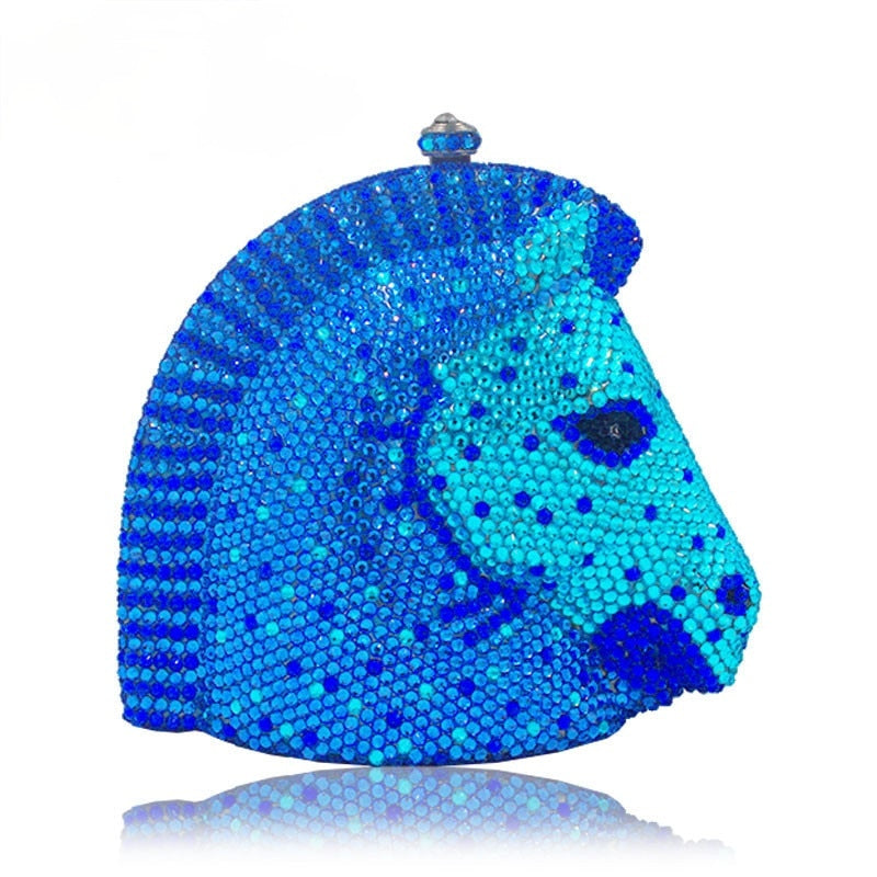 Horse Head Designer Blue Crystal Luxury Women Clutch