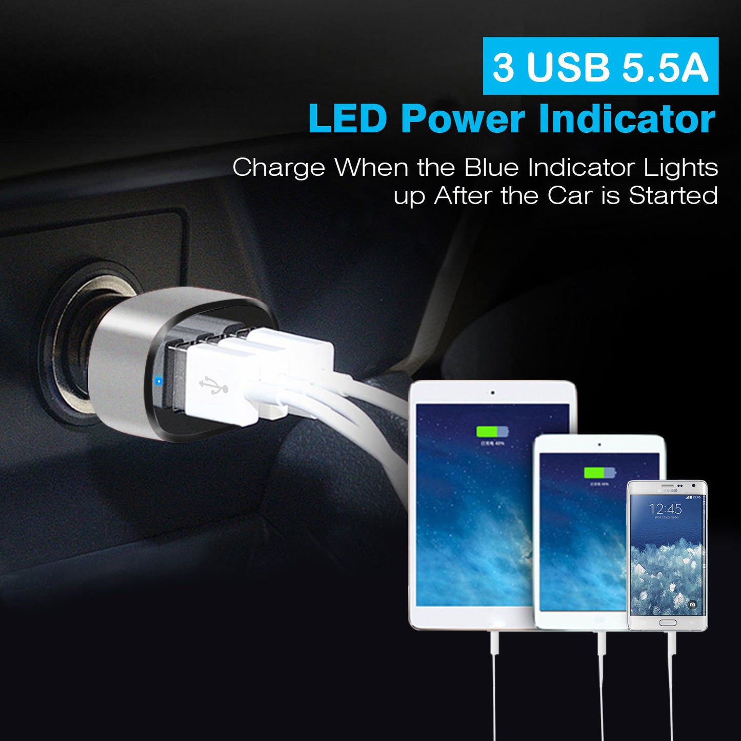 3 USB Port Cigarette Lighter Charger Adapter 30W 5.5A USB Car Charger