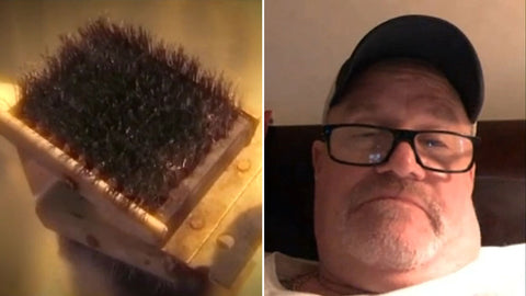 Photo of the dangerous BBQ brush and on the right is image of a man who had to go get emergency surgery to remove a metal bristle from his body.
