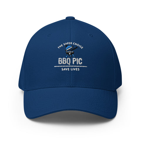 This image is of a blue flexfit BBQ Pic baseball cap. It comes in two sizes and three colours, black, white, and blue. We also have a white label option where you can get your logo or family name put on your very own cap.