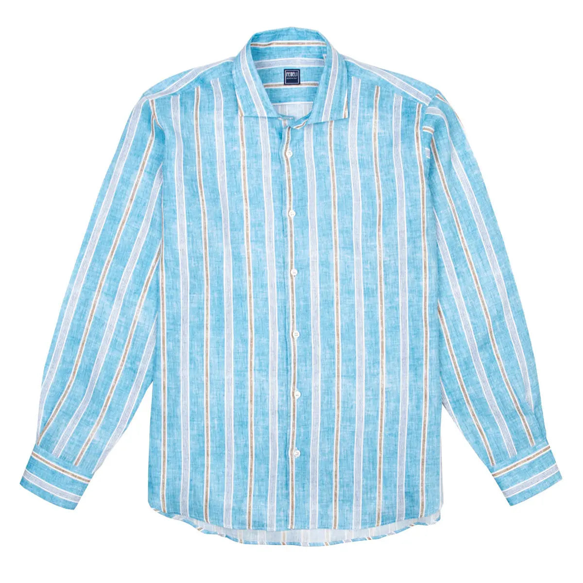 Turquoise Stripe Linen Long Sleeve Shirt  FEDELI   