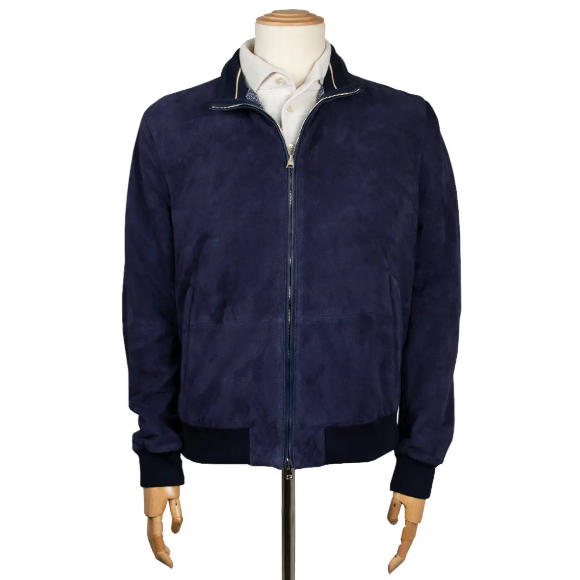 Indigo Perforated Suede Bomber Jacket  Robert Old   