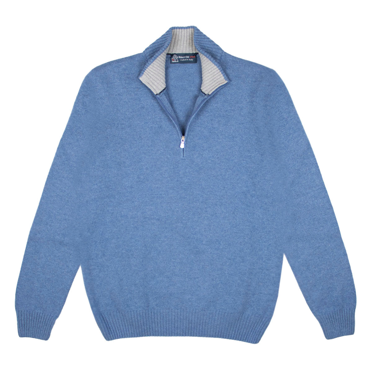 Light Blue Contrast Virgin Wool & Cashmere Zip Neck Sweater  Robert Old   