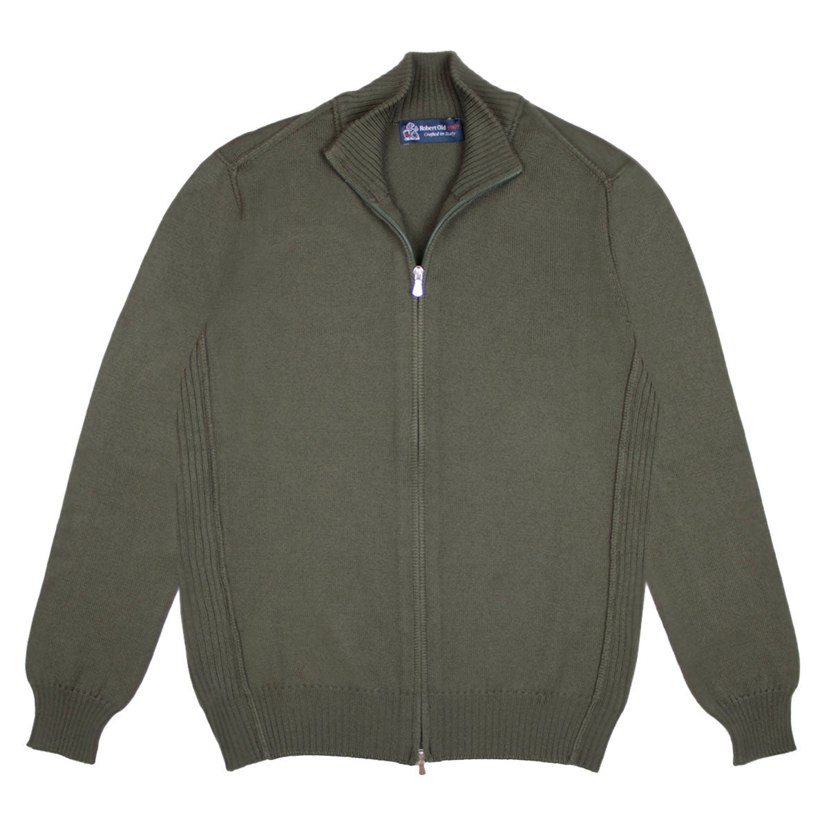 Green Virgin Wool Zip-Through Cardigan  Robert Old   