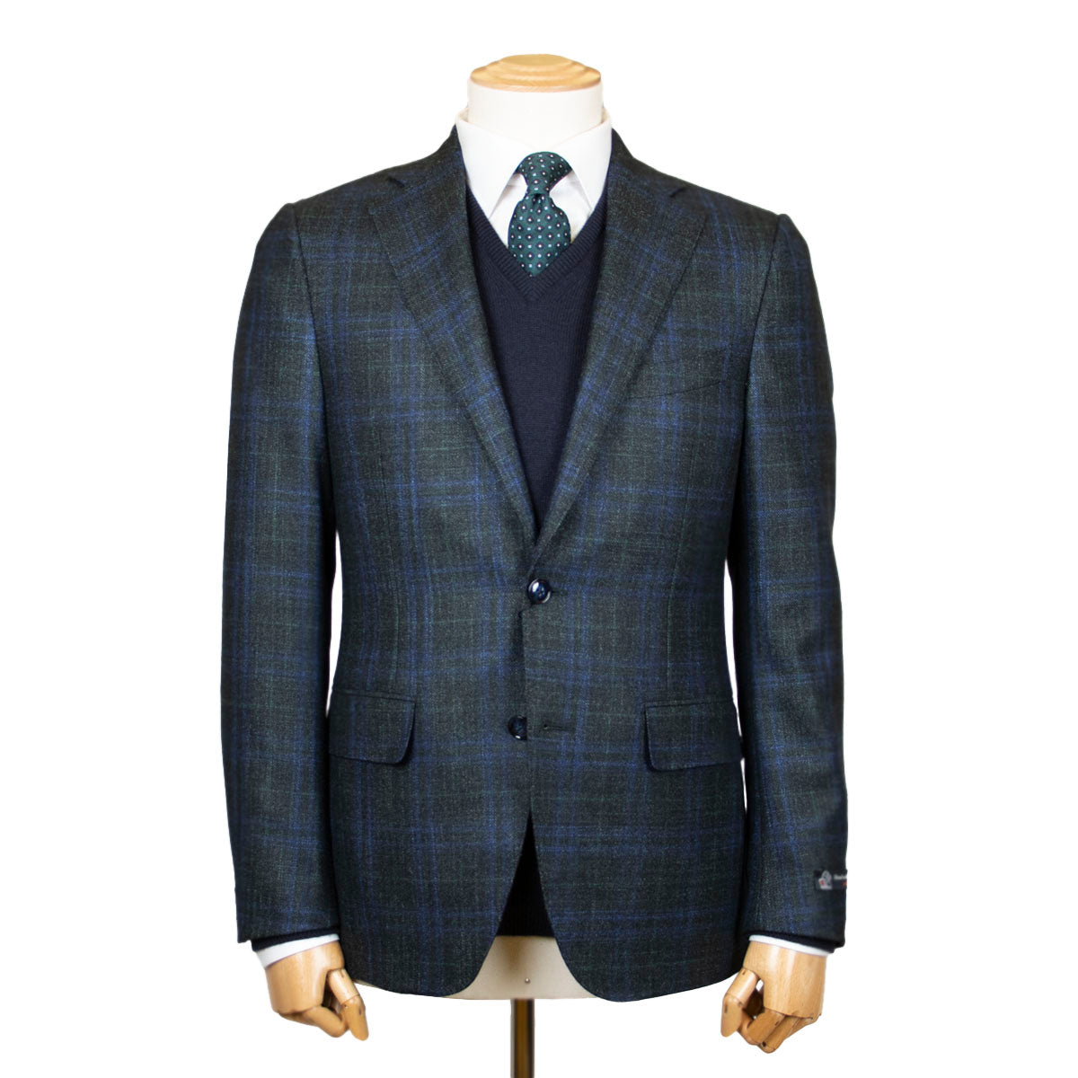 Dark Green & Blue Check Wool, Silk, & Cashmere Jacket  Robert Old   