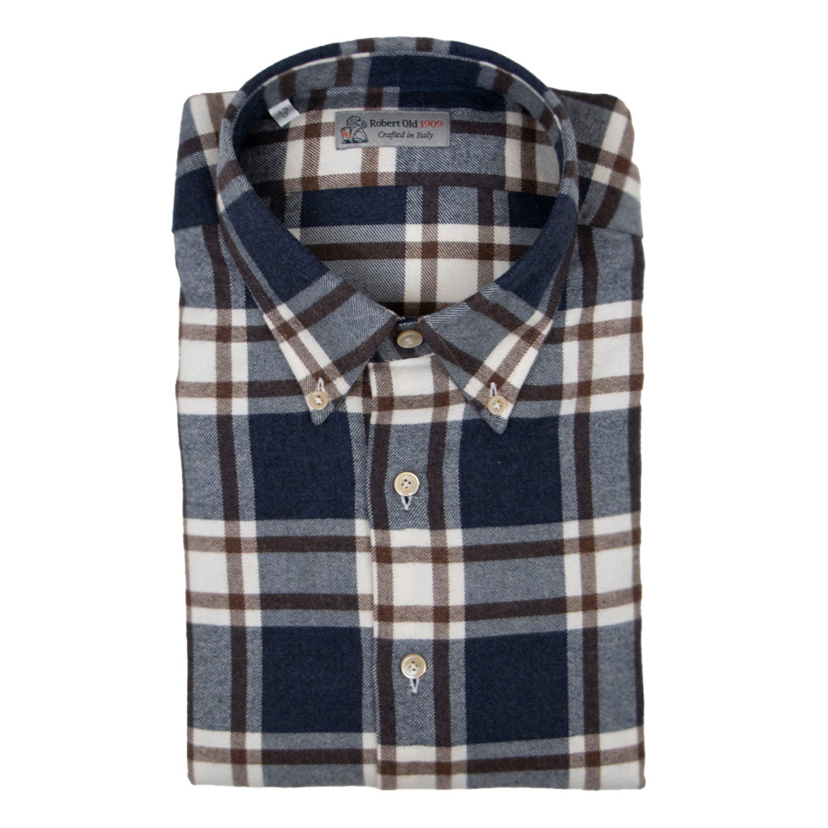 Navy Checked Pure Cotton Italian Long Sleeve Shirt  Robert Old   