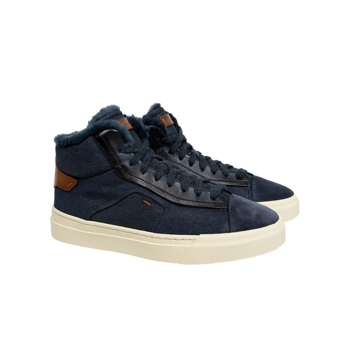 Blue Denim-Effect Fabric and Leather Sneaker  Santoni   