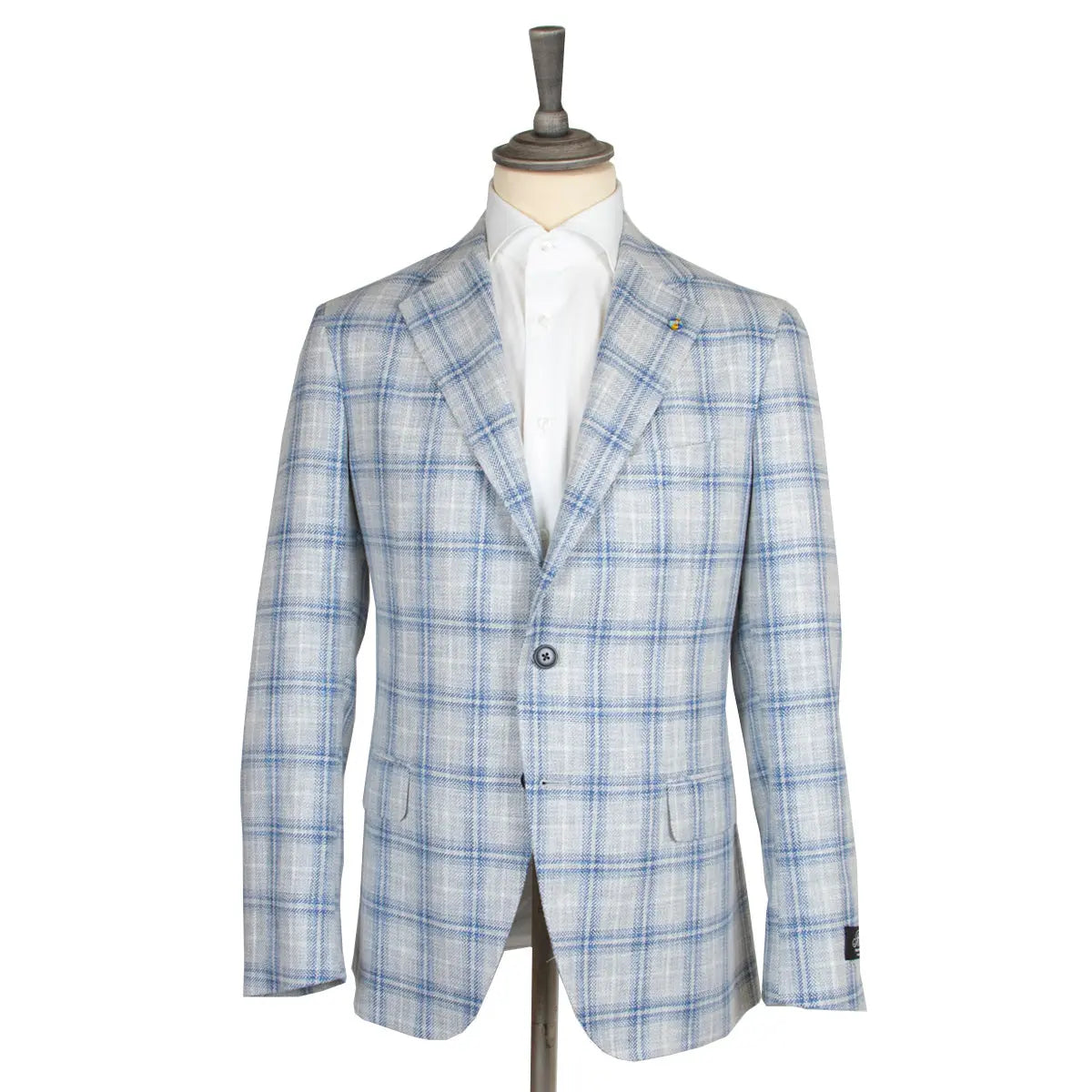 Cream & Blue Check Cotton, Linen, & Wool Jacket  Belvest   