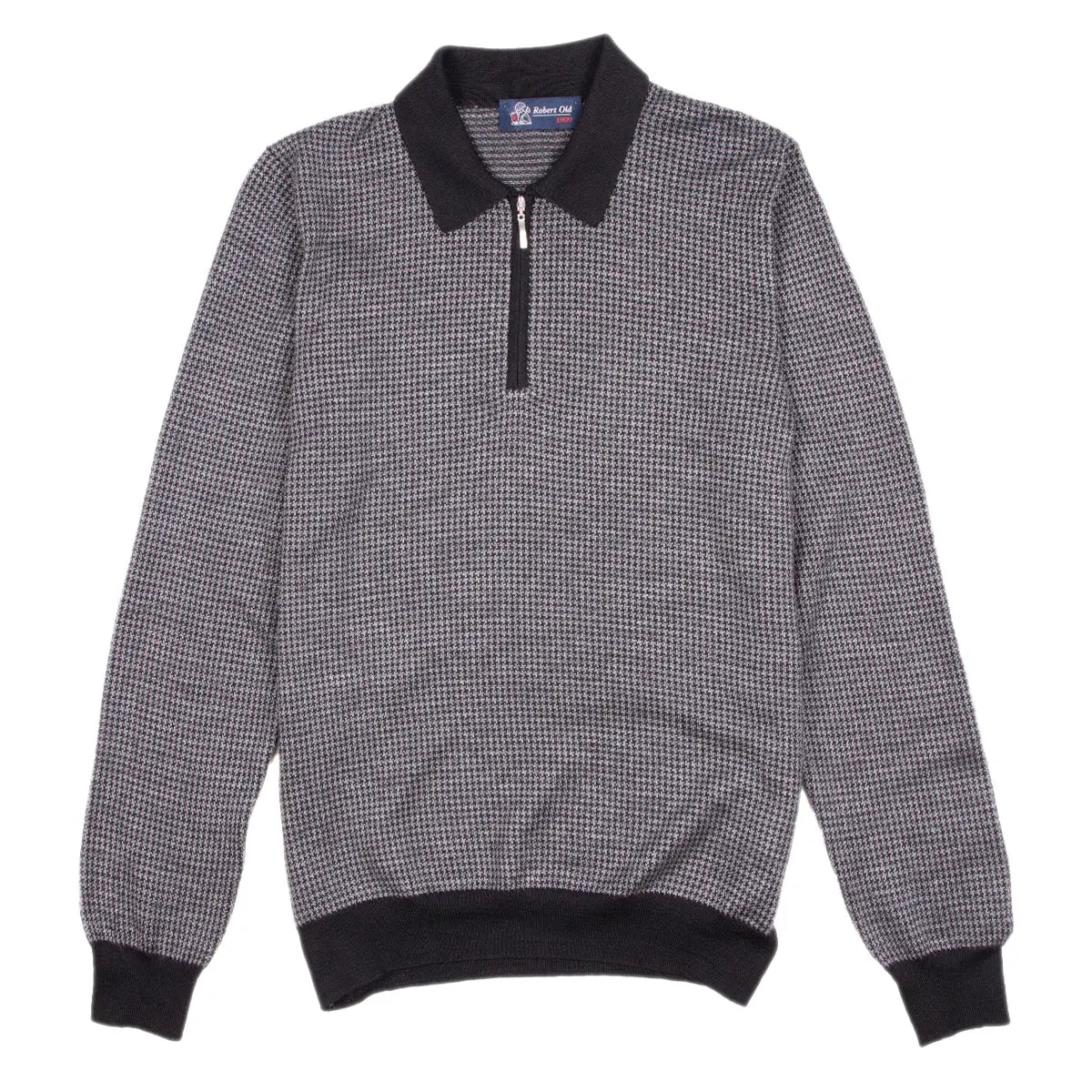 Grey Dogtooth Cashmere & Silk Zip-Neck Polo  Robert Old   