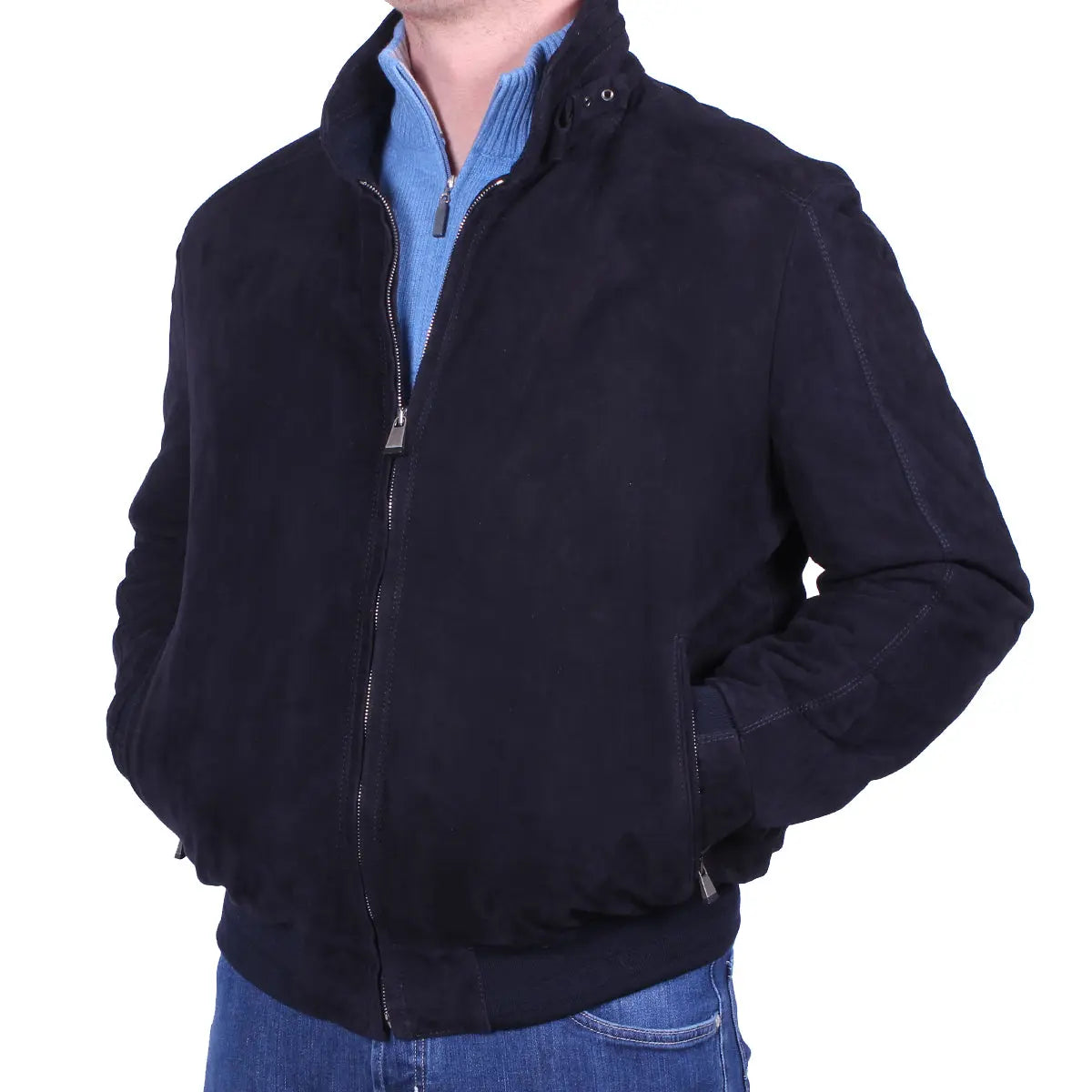 Midnight Blue Calf Suede Bomber Jacket  Robert Old   