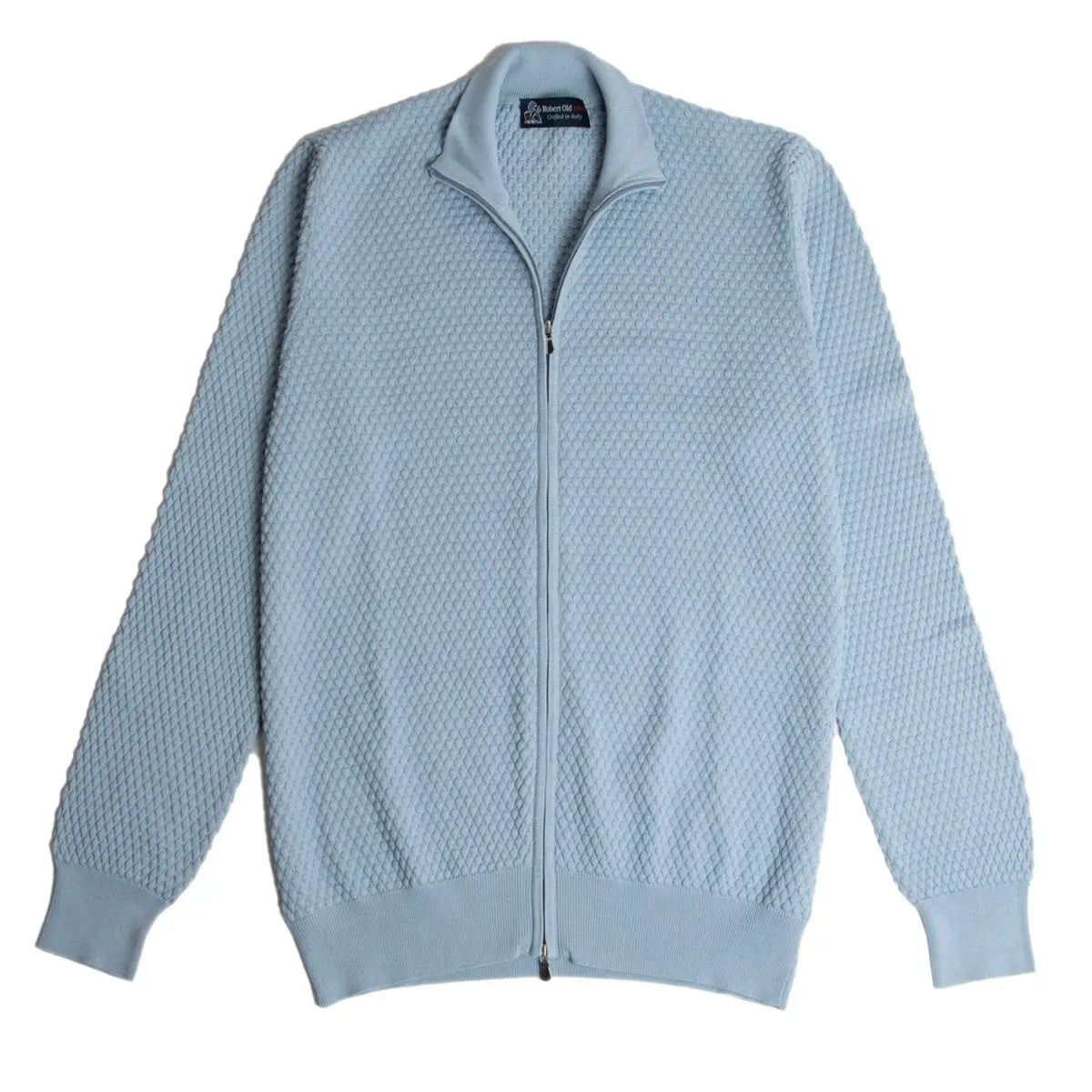 Sky-Blue Waffle Knit Full Zip Cardigan  Robert Old   