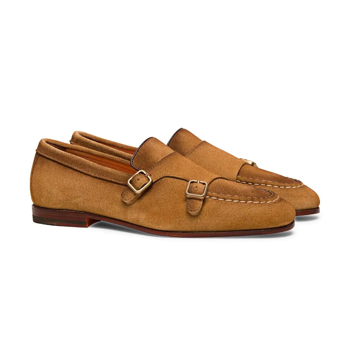 Tan Suede Double Buckle Monk Strap Loafer  Santoni   