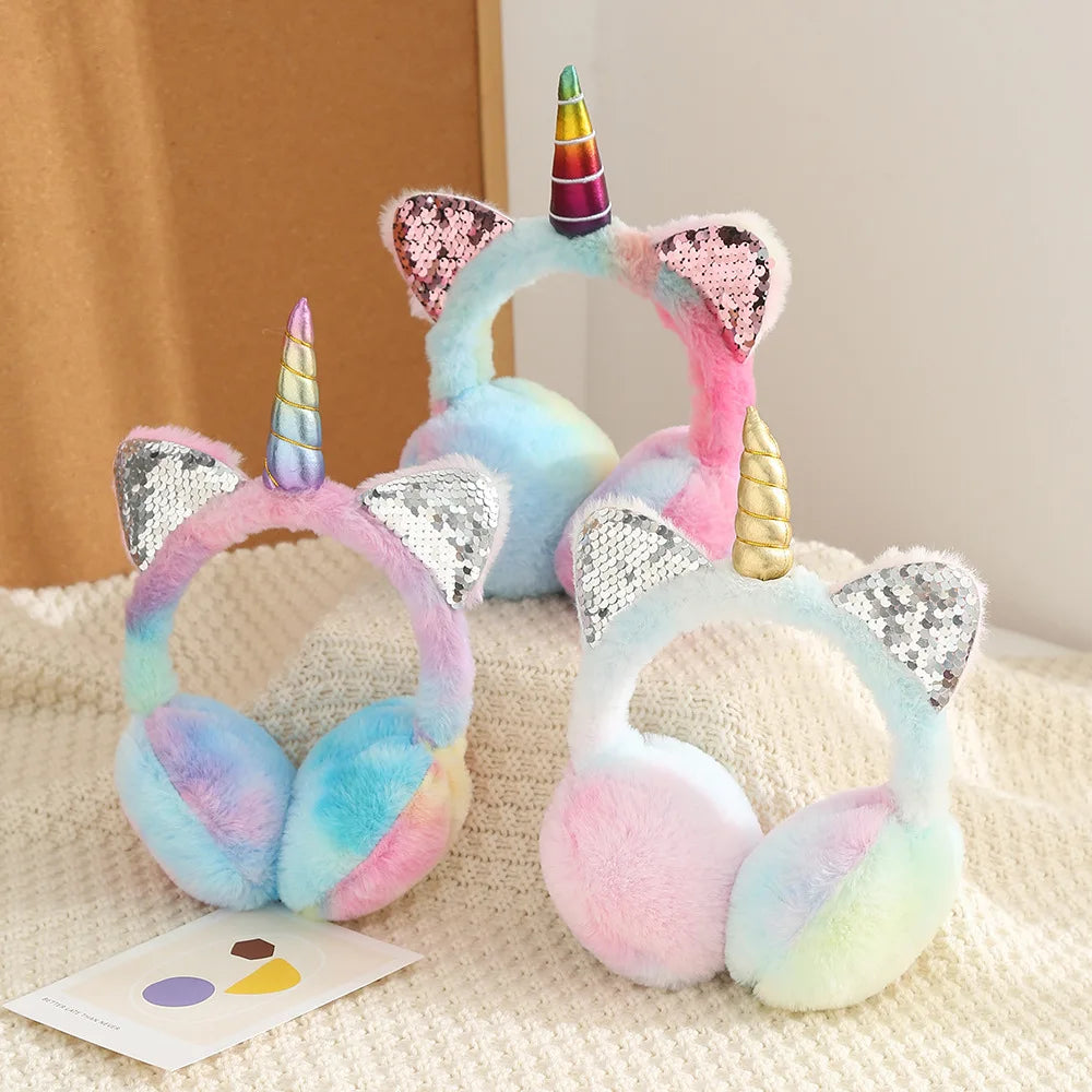 Sensory Sparkle Unicorn Warm Earmuff Hat for Kids – Plush Winter Warm with Sequins & Cat Ears