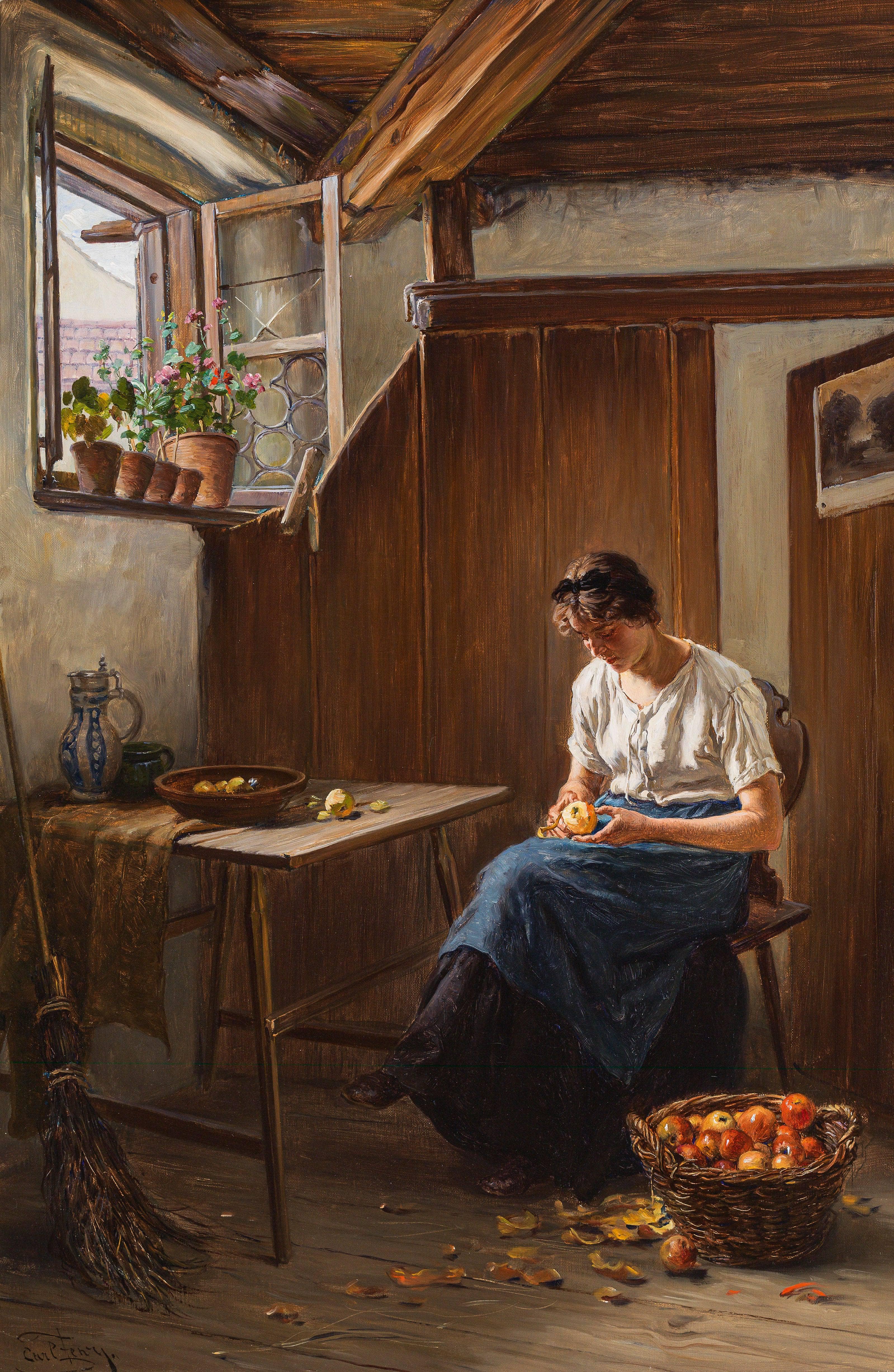 Young woman peeling apples