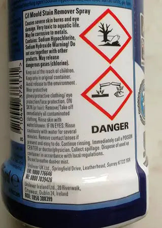 Branded Mould remover ingredients and toxic warning of harm to aquatic life and corrosive on skin.