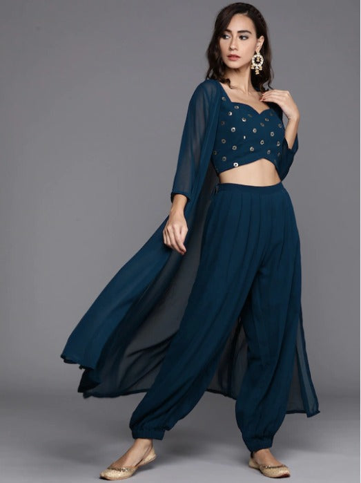 Embroidered Sequinned Top, Stylish Pant And Shrug