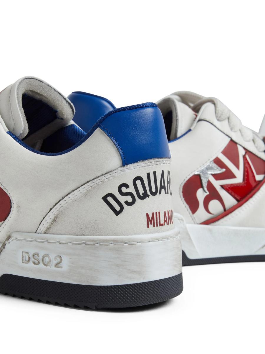 Dsquared2 White Sneakers With Distressed Effect And Logo On The Heel In Leather Man In Bianco+rosso+blu