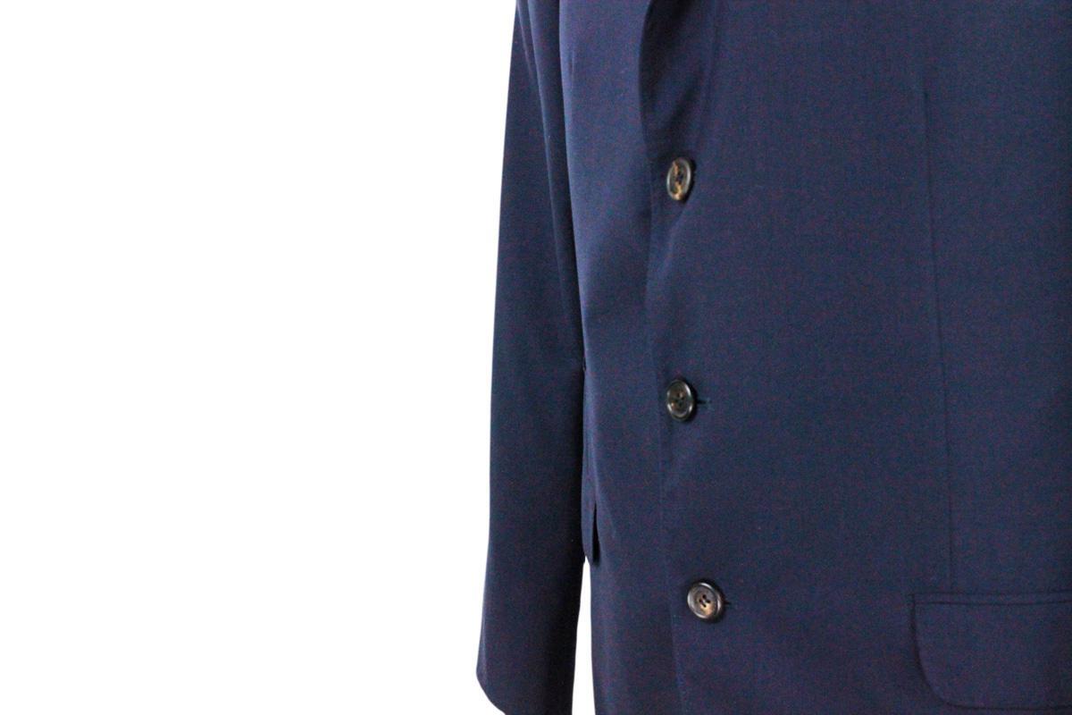 Brunello Cucinelli 3-button Unlined Jacket In Cool Wool Canvas.the Buttons Are In Brown Horn In Blue
