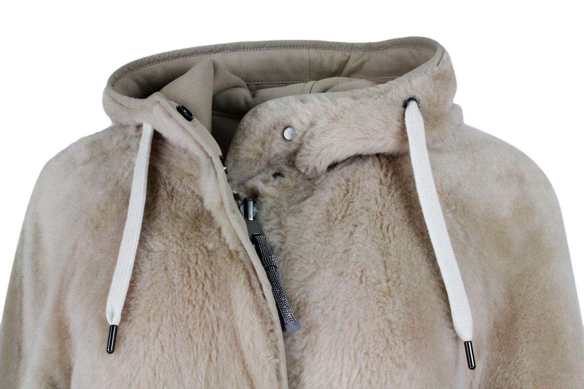 Brunello Cucinelli Reversible Coat In Soft Shearling With Hood In Beige