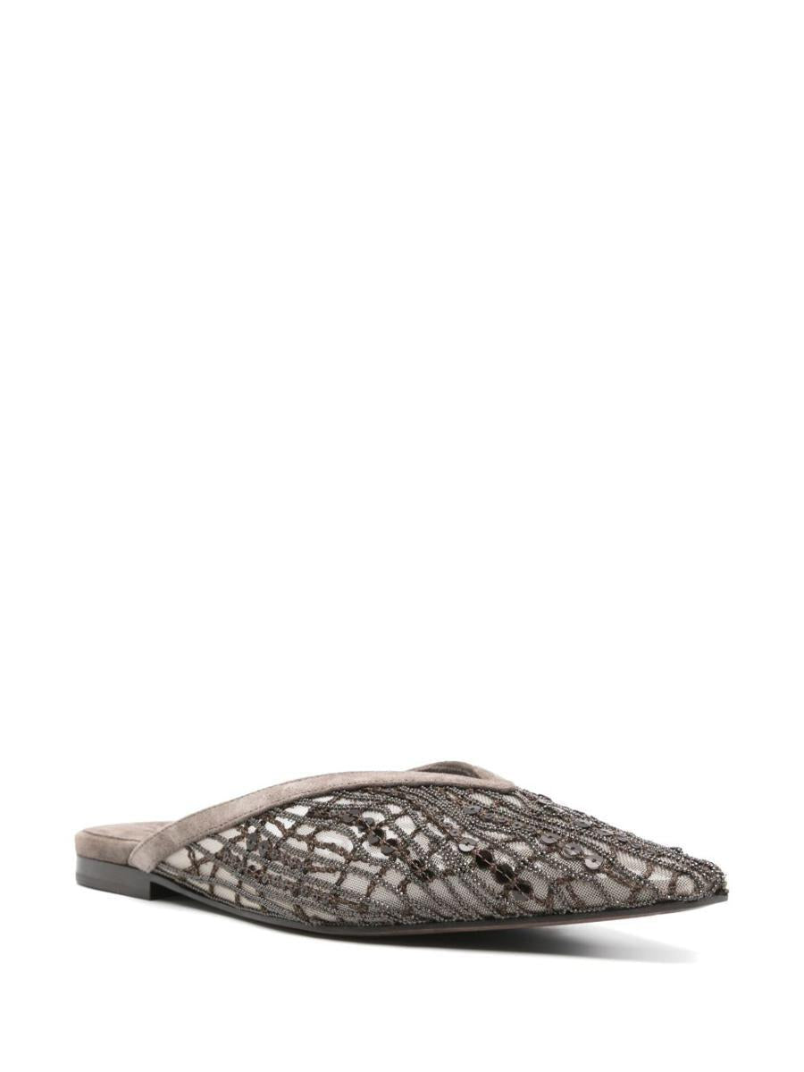 Brunello Cucinelli Glistening Abstract Embroidery Suede Sabots Women