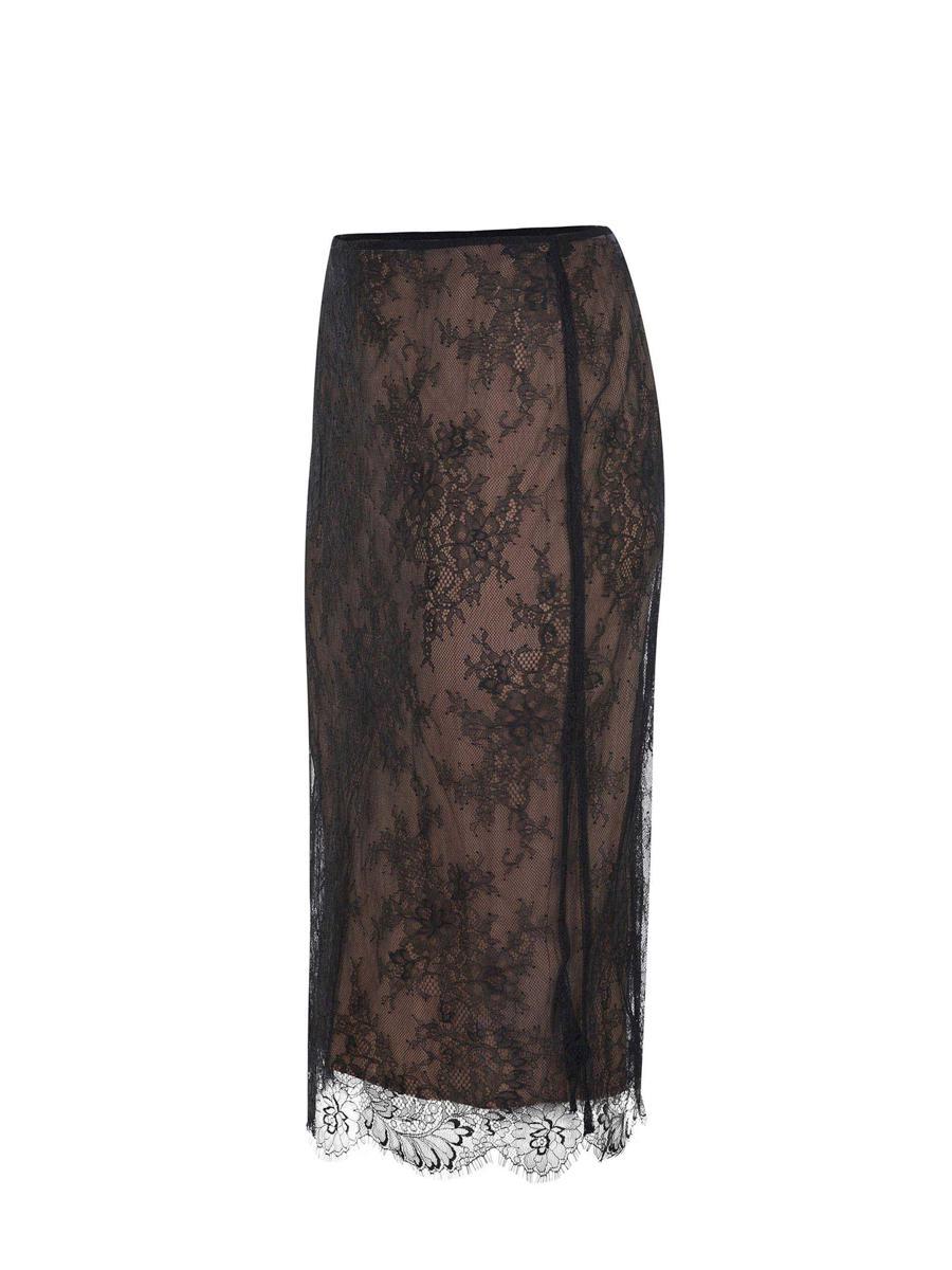 Self-portrait Lace Overlay Sheer Midi Skirt With Slit In Black
