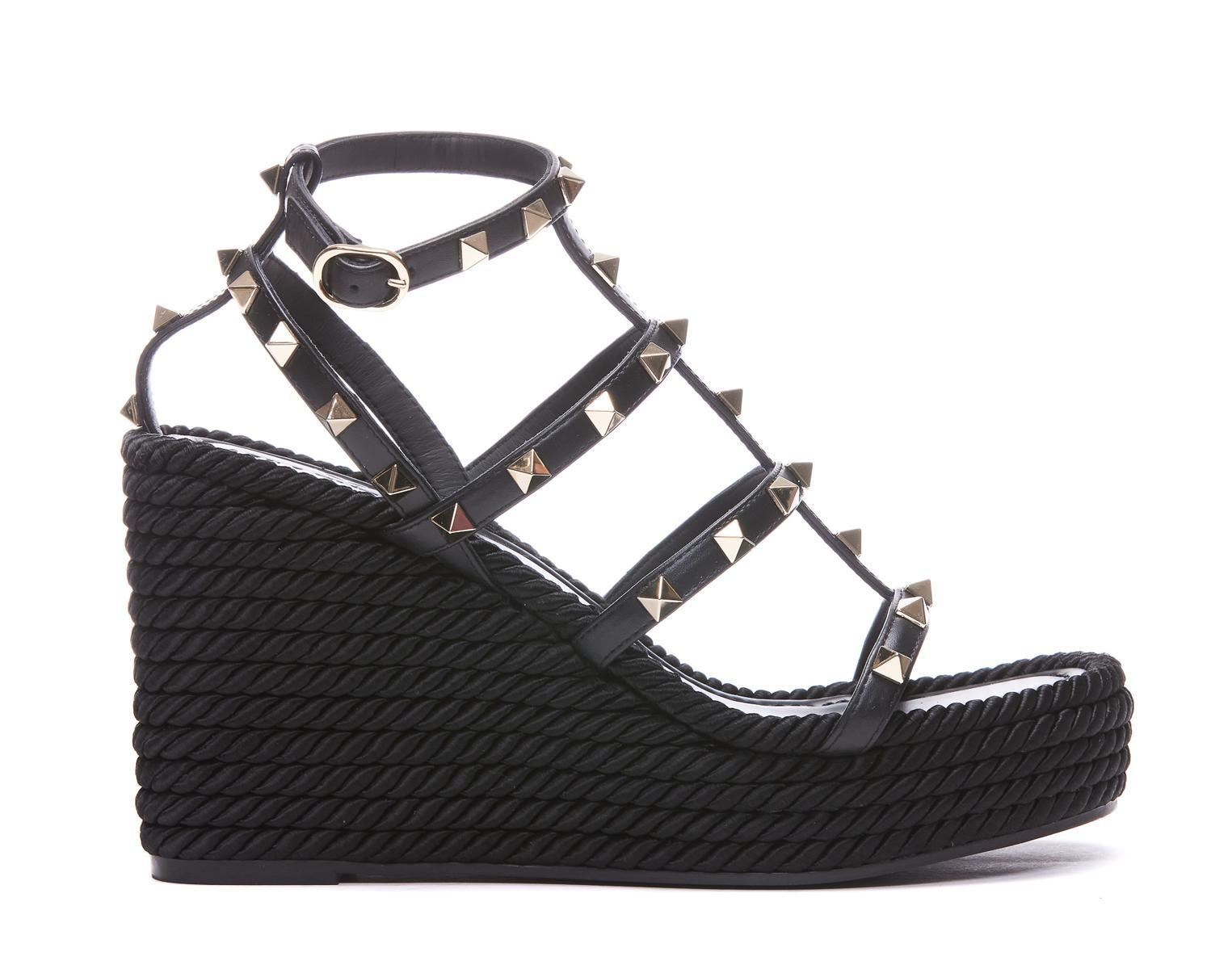 Valentino Rockstud Ankle Strap Wedge Sandal In Calfskin Leather 95 Mm In Black