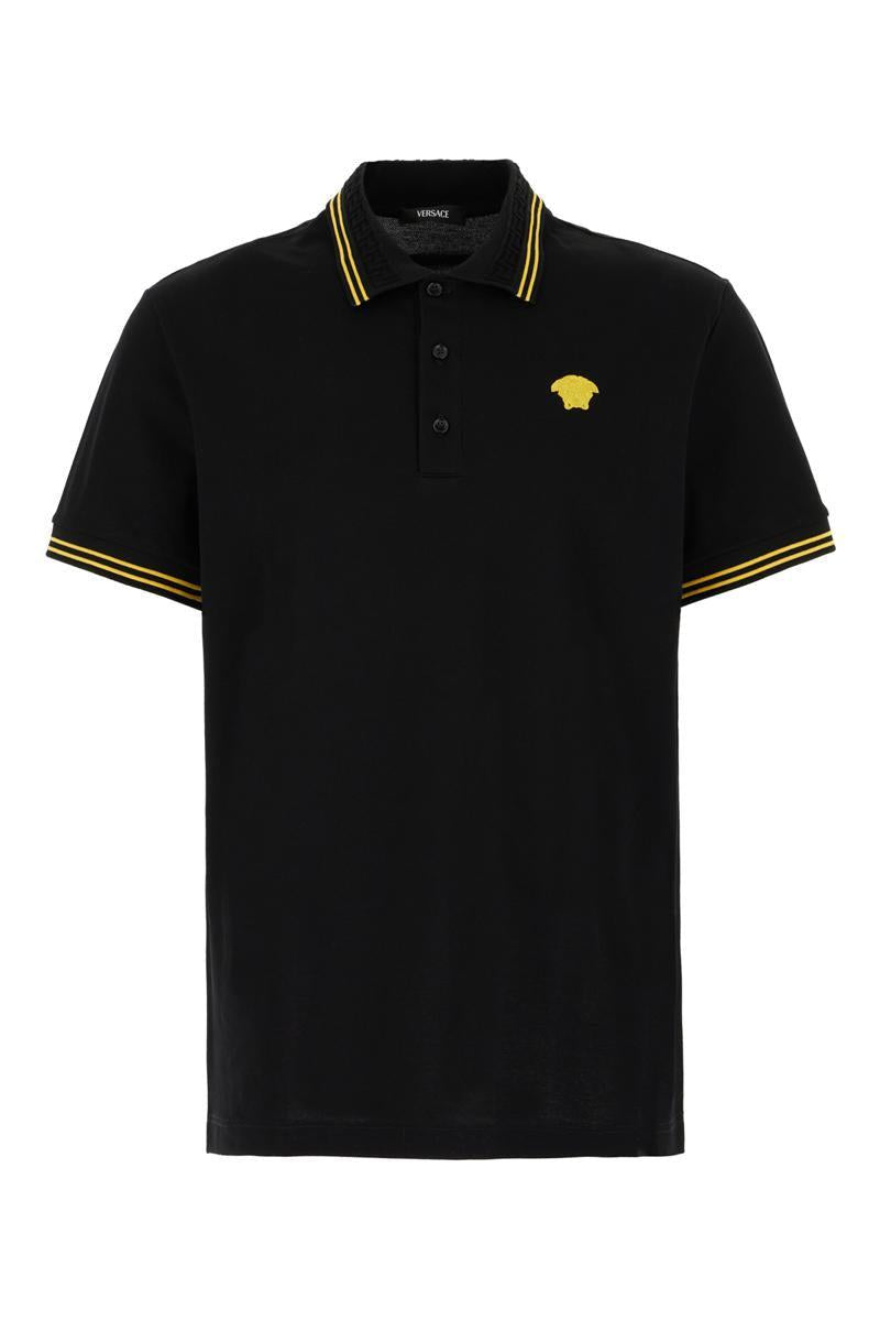 Versace Black Polo Shirt With Classic Collar And Medusa Embroidery In Black