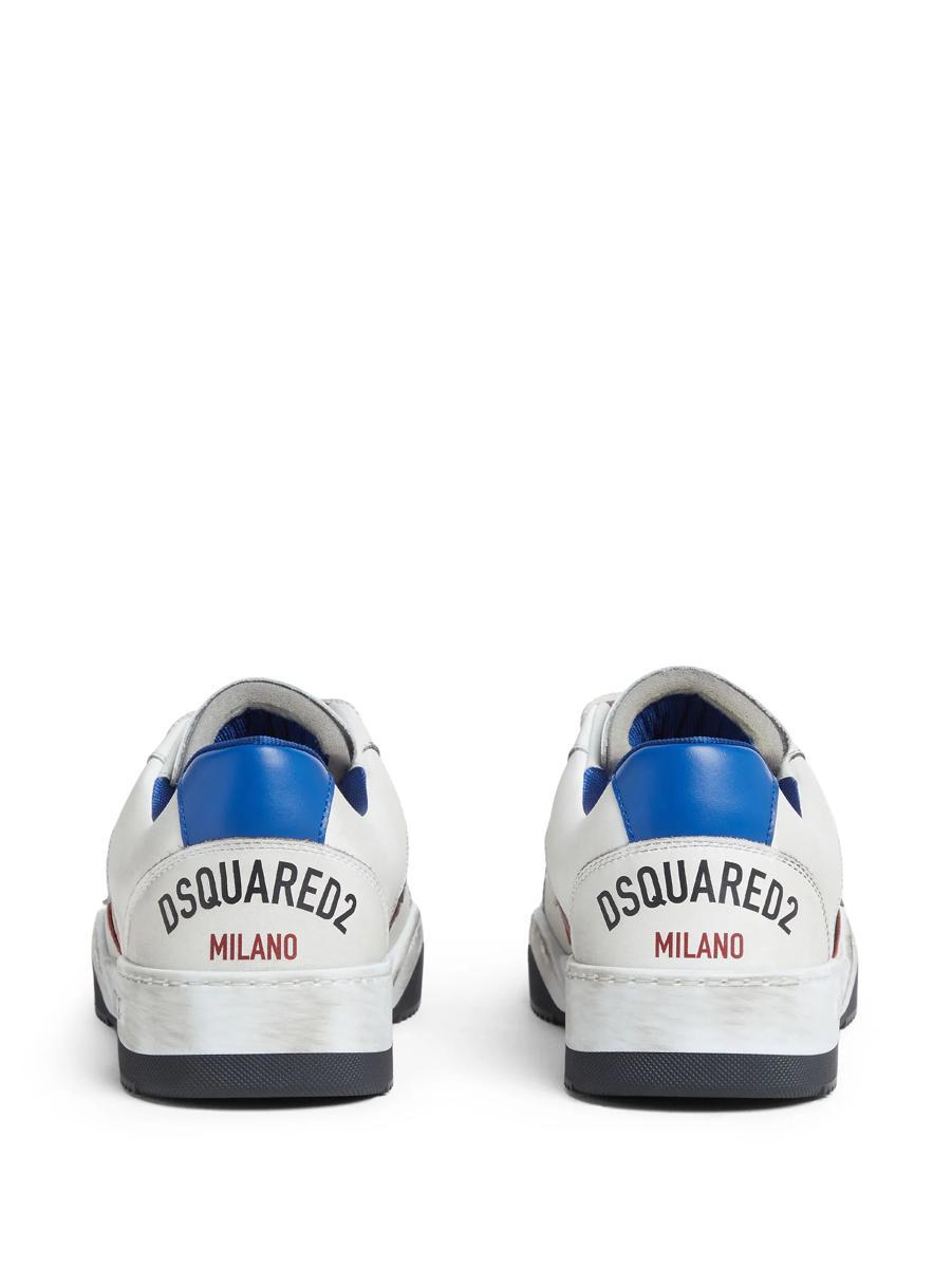 Dsquared2 White Sneakers With Distressed Effect And Logo On The Heel In Leather Man In Bianco+rosso+blu
