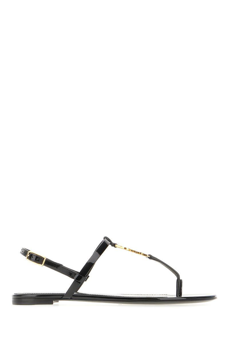 Saint Laurent Black Cassandra Flat Sandals In Crocodile-embossed Leather With Gold-tone Monogram