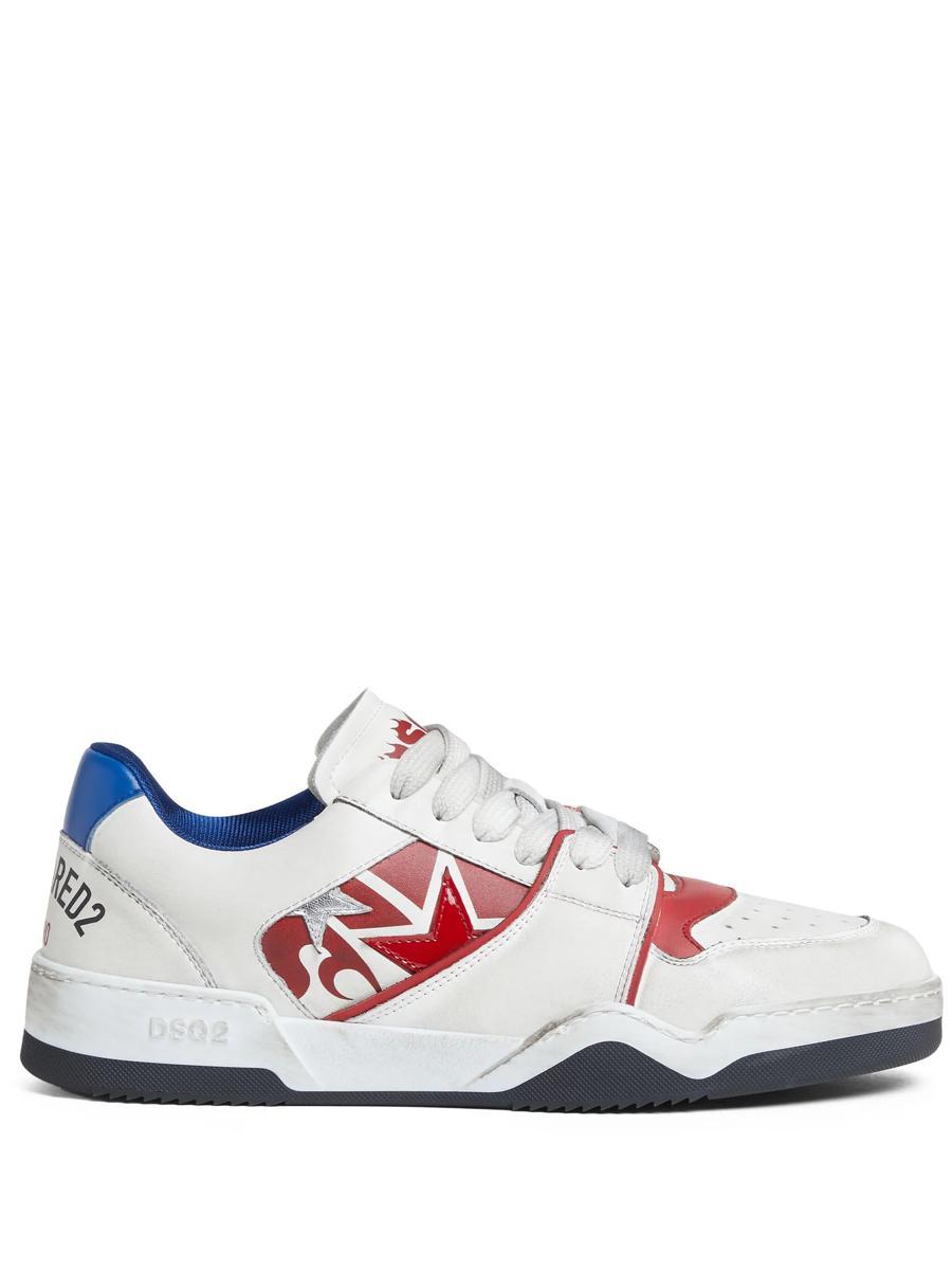 Dsquared2 White Sneakers With Distressed Effect And Logo On The Heel In Leather Man In Bianco+rosso+blu