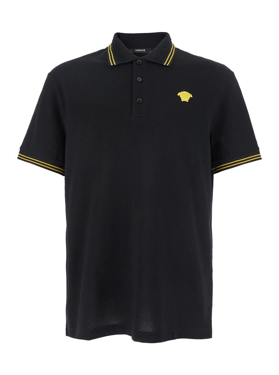 Versace Black Polo Shirt With Classic Collar And Medusa Embroidery