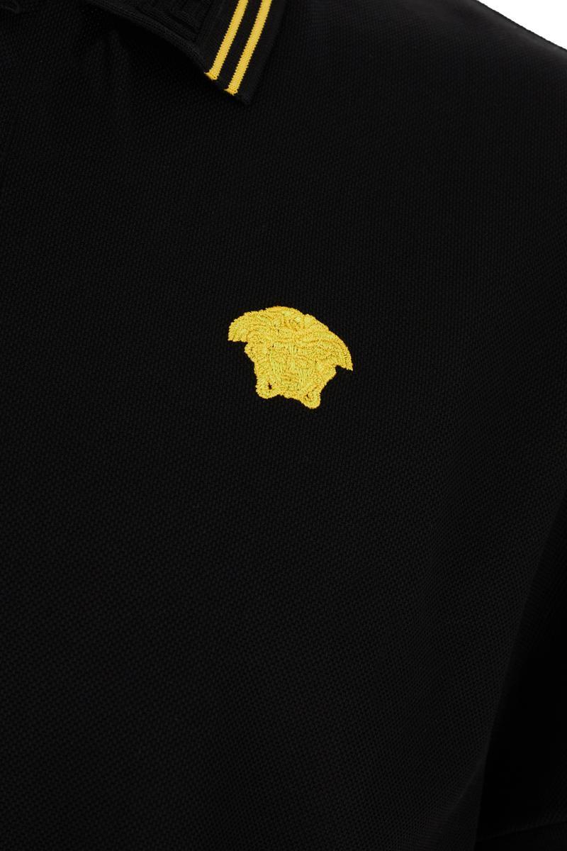 Versace Black Polo Shirt With Classic Collar And Medusa Embroidery In Black
