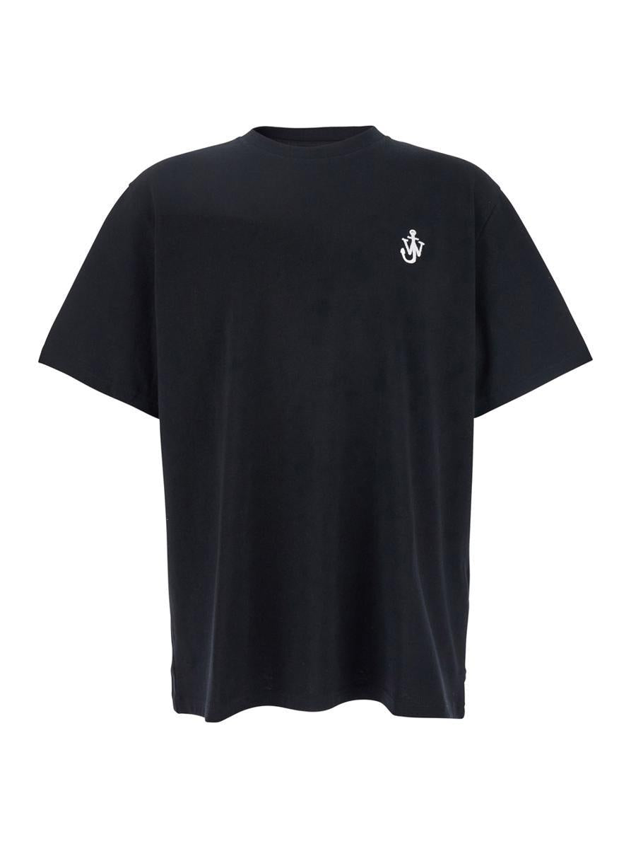 Jw Anderson Black Crewneck T-shirt With Anchor Embroidery On The Front In Cotton Man In Black