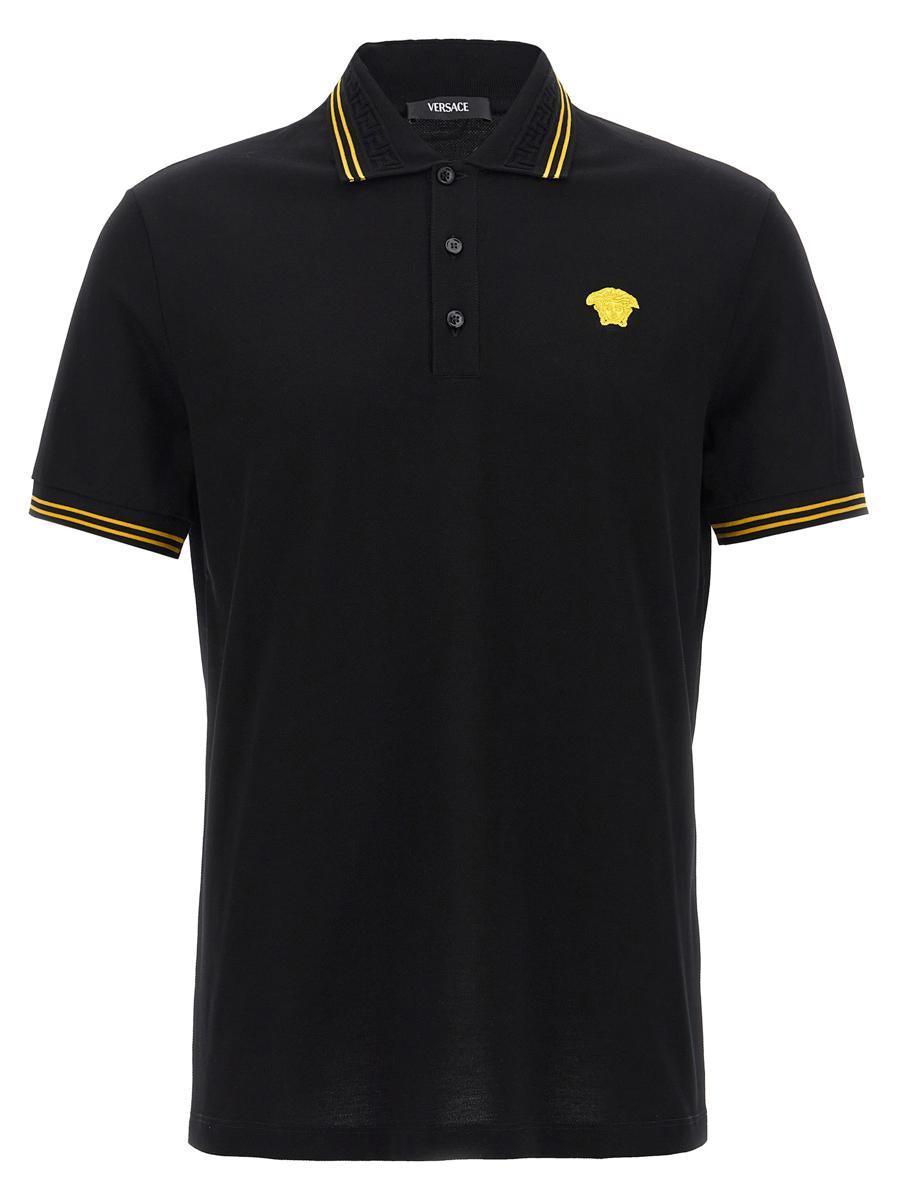 Versace Black Polo Shirt With Classic Collar And Medusa Embroidery