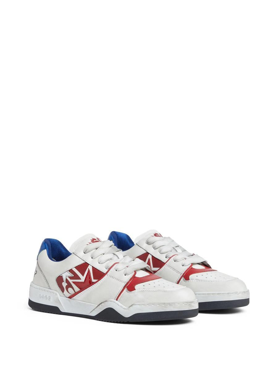 Dsquared2 White Sneakers With Distressed Effect And Logo On The Heel In Leather Man In Bianco+rosso+blu