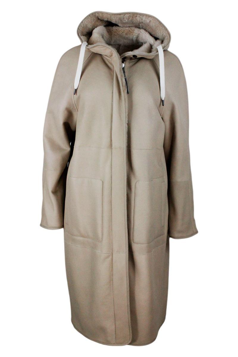 Brunello Cucinelli Reversible Coat In Soft Shearling With Hood In Beige