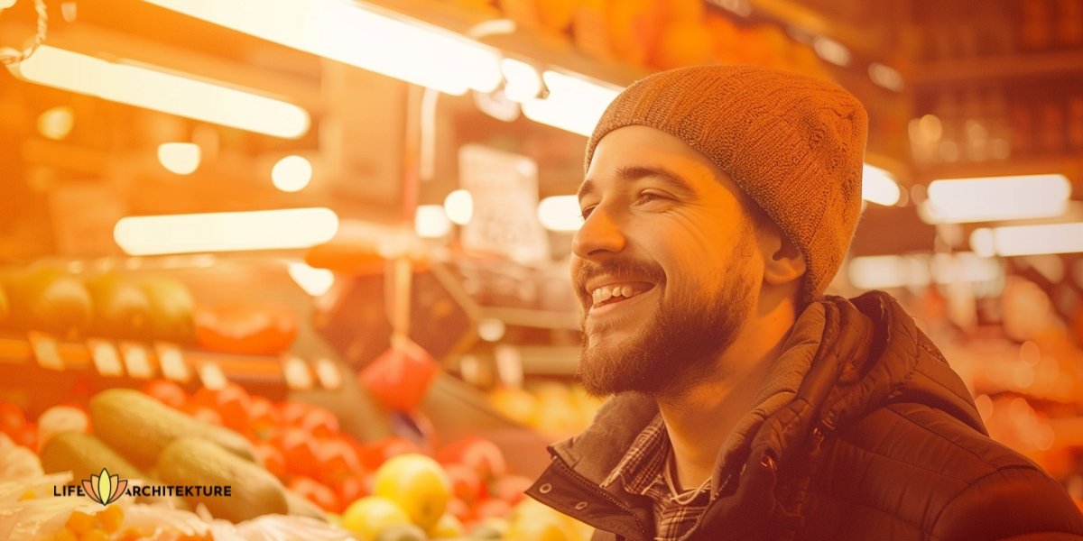 Een man koopt boodschappen voor zijn huis, wisselt positieve emoties uit met een glimlach en trekt aan wat hij weerspiegelt.