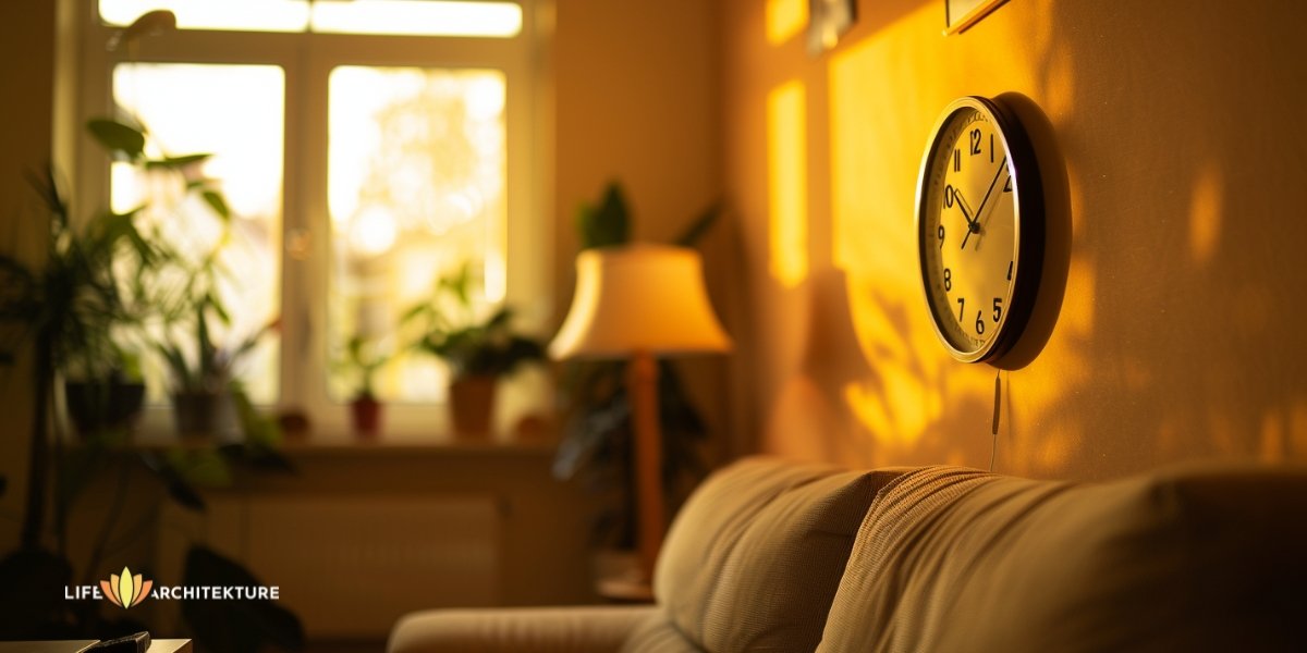 Un reloj de pared colgado en un salón, encima del sofá, que representa los asuntos del tiempo.