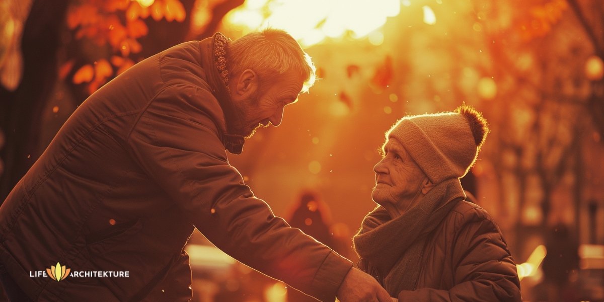 A gentleman helping an old lady find a spot to sit