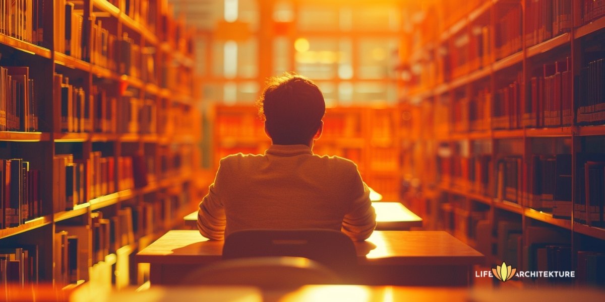 Ein ehrgeiziger Gamma-Mann studiert allein in der Bibliothek und sammelt Wissen