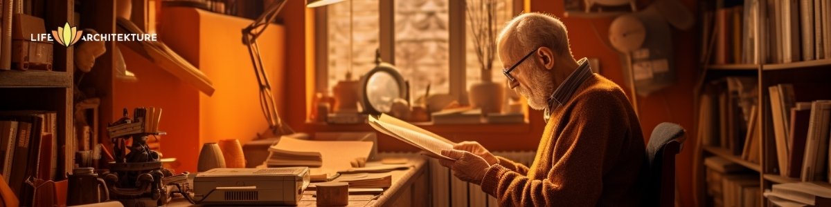 an old man learning from books and expanding his knowledge