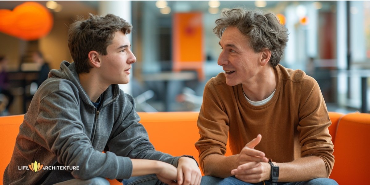 Ein Mann erklärt seiner Studentin, dass die Körpersprache eine wichtige Rolle spielt