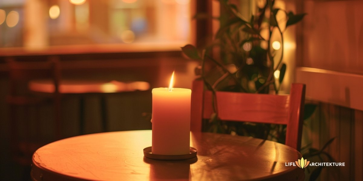Una vela encendida sobre una mesa iluminando una habitación oscura, ley de polaridad
