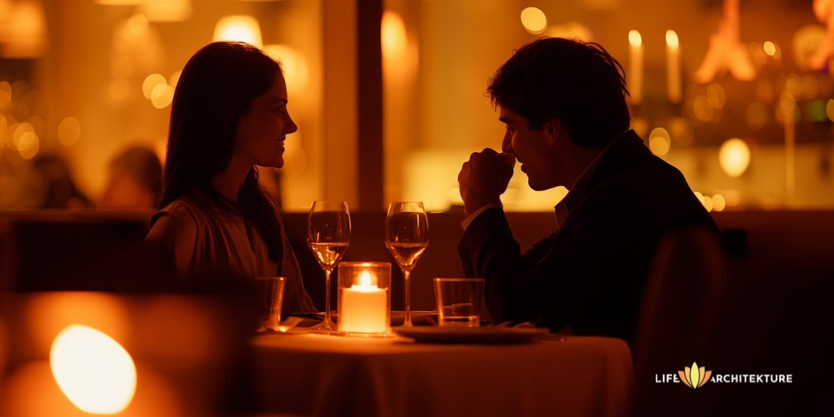 Ein Paar verbringt bei einem Candlelight-Dinner viel Zeit miteinander