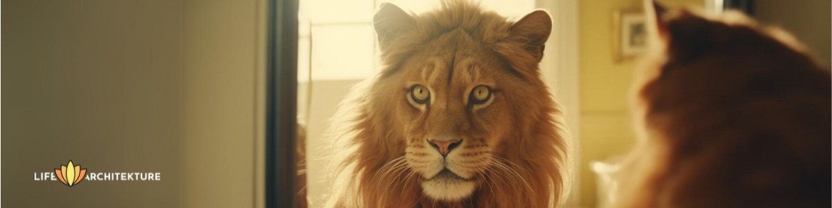 Mindset of a cat looking in the mirror and seeing itself as a lion