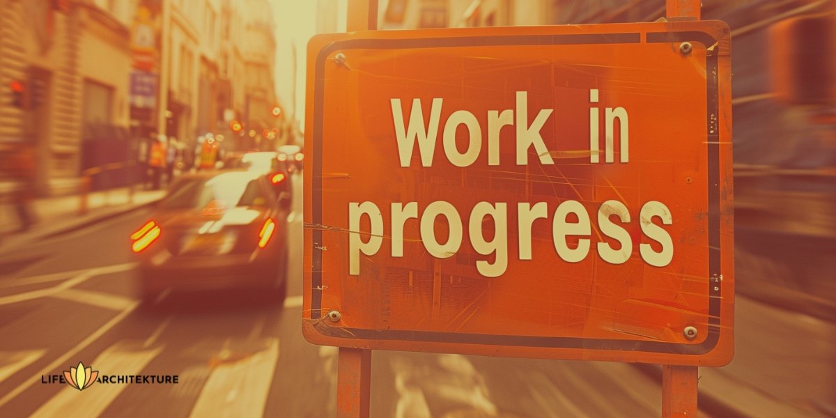 Ein Auto wechselt die Spur, da auf der Straße ein Schild "Arbeit in Arbeit" steht, um sein Ziel zu erreichen