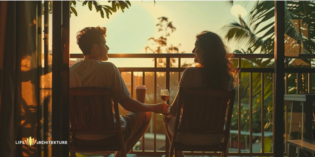 Ehemann und Ehefrau sitzen auf dem Balkon und teilen ihre Gefühle miteinander