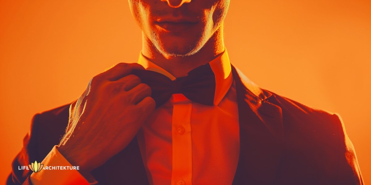 A confident man checking his bow tie before going on stage