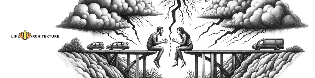 Illustration of a couple sitting on a broken bridge and fighting because of impatience